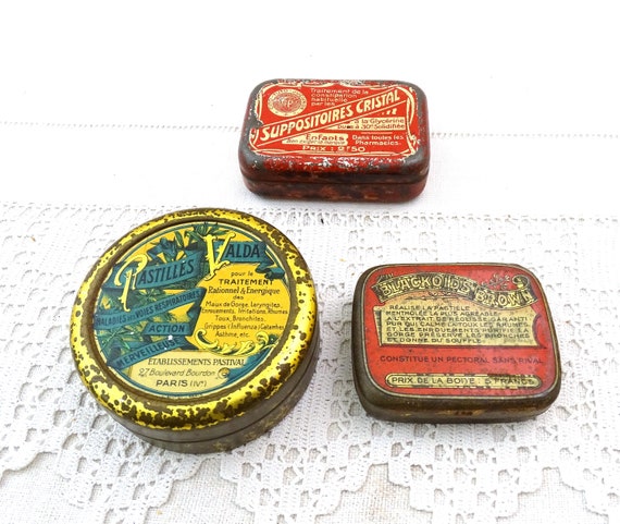 Antique French Collection of 3 Small Lithographed Metal Tin Boxes 1 for Suppositories and 2 for Cough Candies, Retro French Apothecary Decor