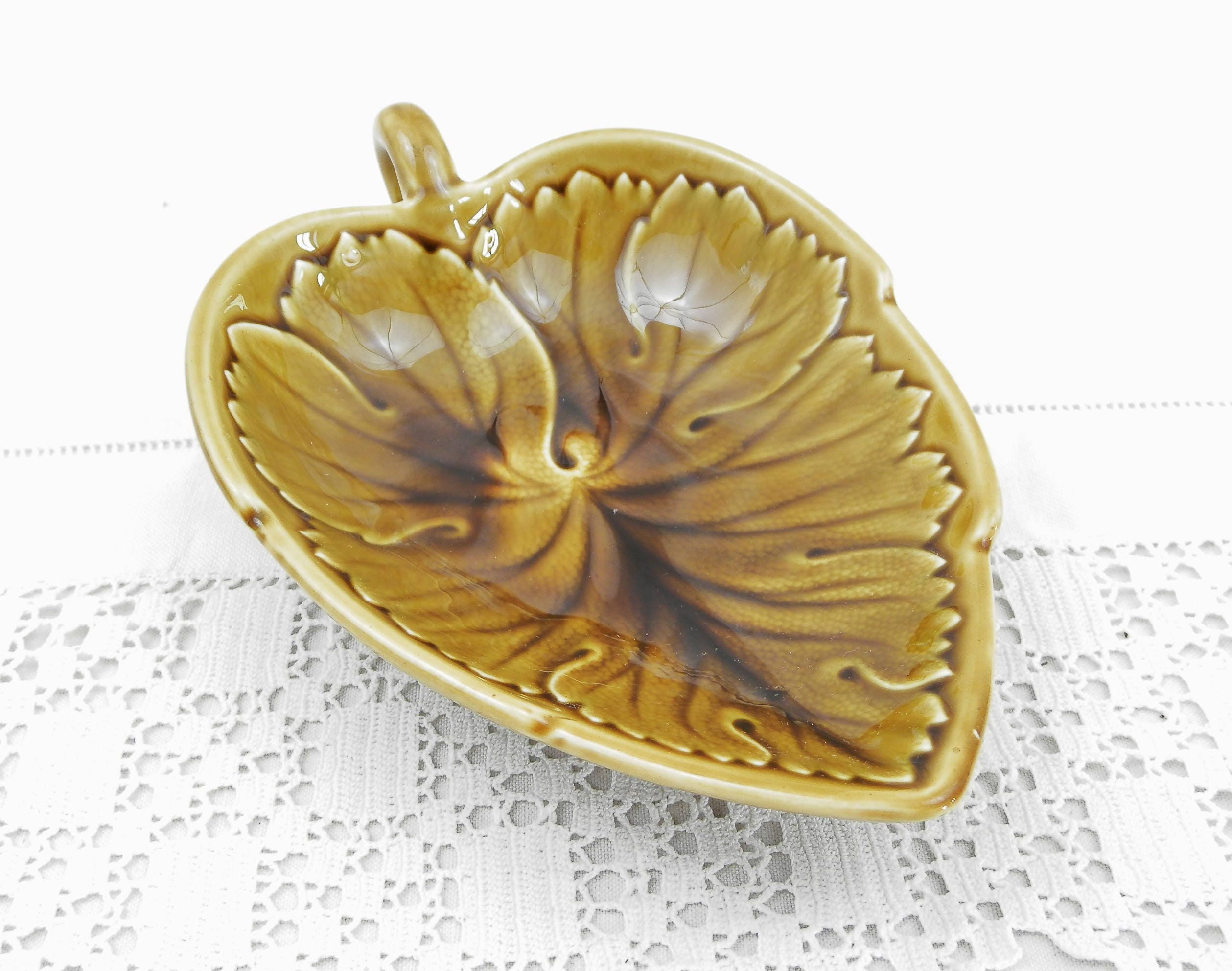 Mid Century French Pottery Gravy Boat with Vine Leaf Design, Green