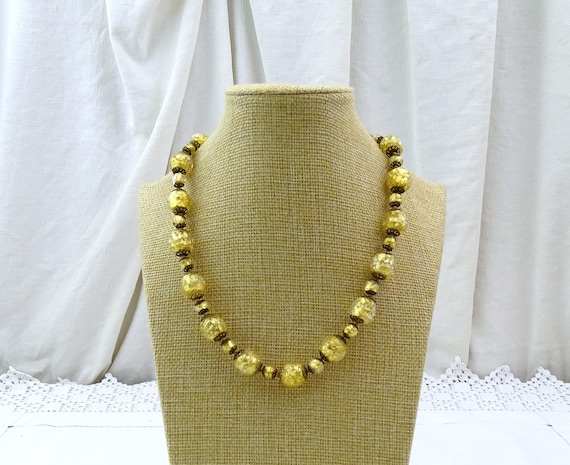 Vintage Italian Venetian Gold Foil Glass Bead Necklace, Mid Century Jewelry Art Glass with Golden Tone Metal Inclusions