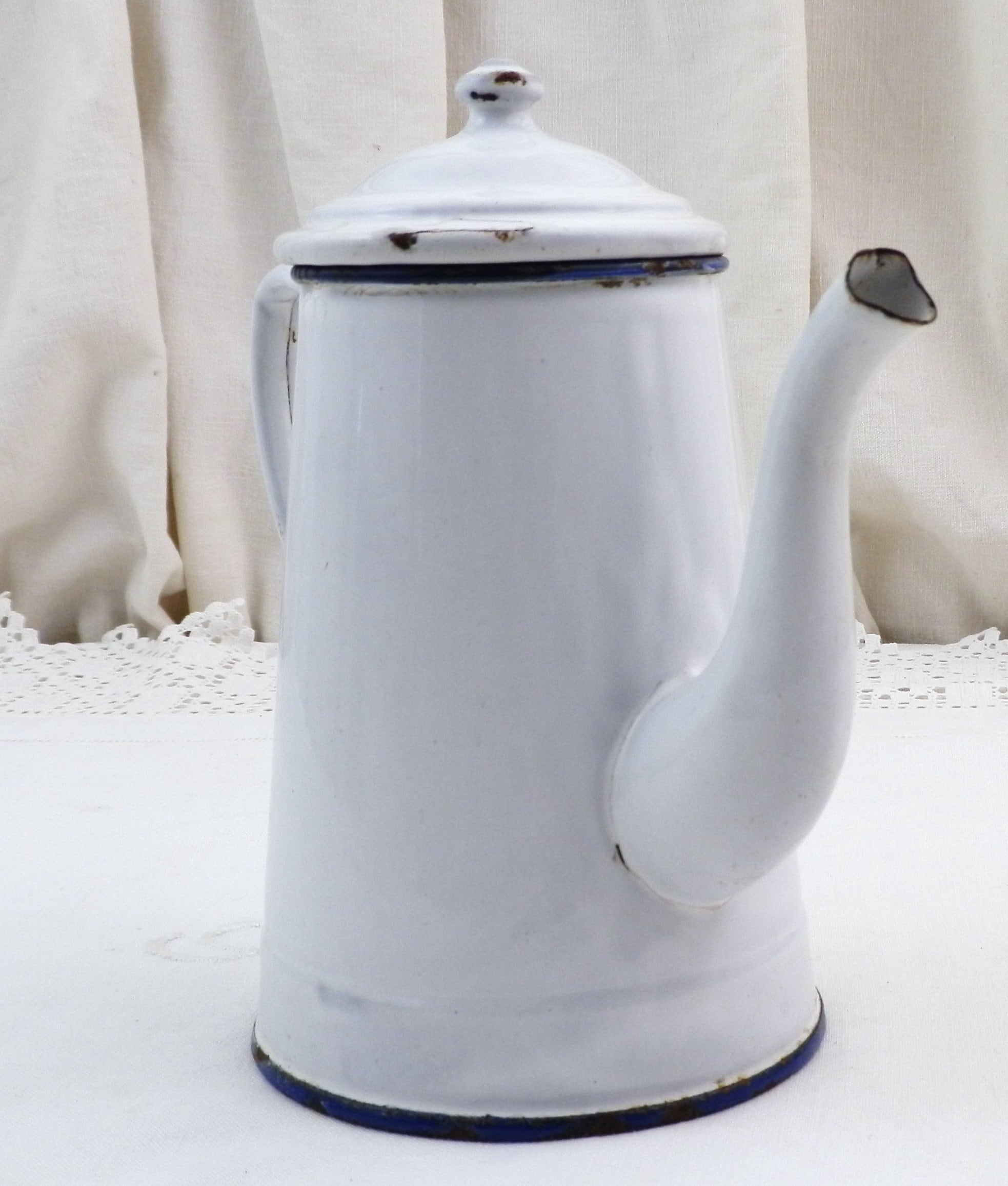 Vintage French White Enamel Porcelain Coffee Pot with Goose Neck Spout
