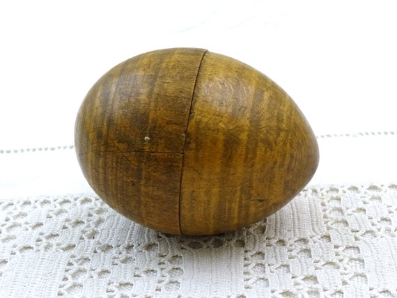 Antique French Turned Wooden Egg Shaped Treen Box, Vintage Victorian Darning Egg made of Wood from France, Rustic Rosary Box, Curio Item