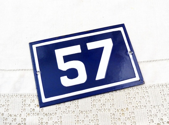 Vintage French Porcelain Enameled Metal House Sign in Blue and White Number 57, Enamelware Street Home from France, Traditional Address Sign