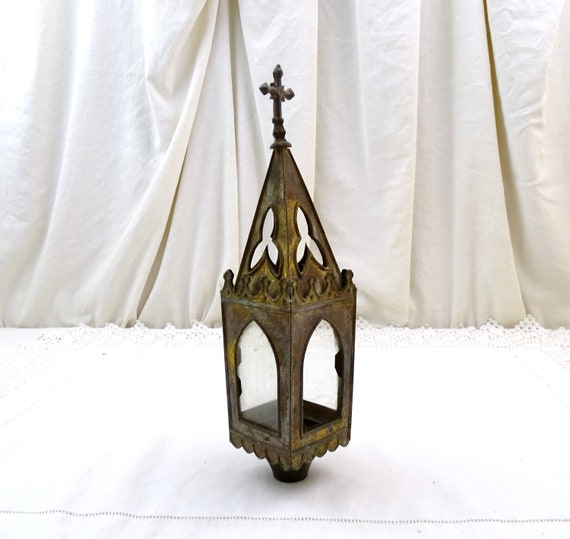 Antique French Religious Metal Candle Lantern, Vintage Lighting Accessory from France, Parisian Chateau Chic Brocante Interior Decor