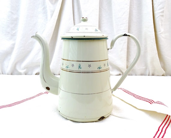 Large Antique French Pale Beige Porcelain Enamel Goose Neck Coffee Pot, Enamelware Cafetiere from France, Vintage Country Kitchen Decor