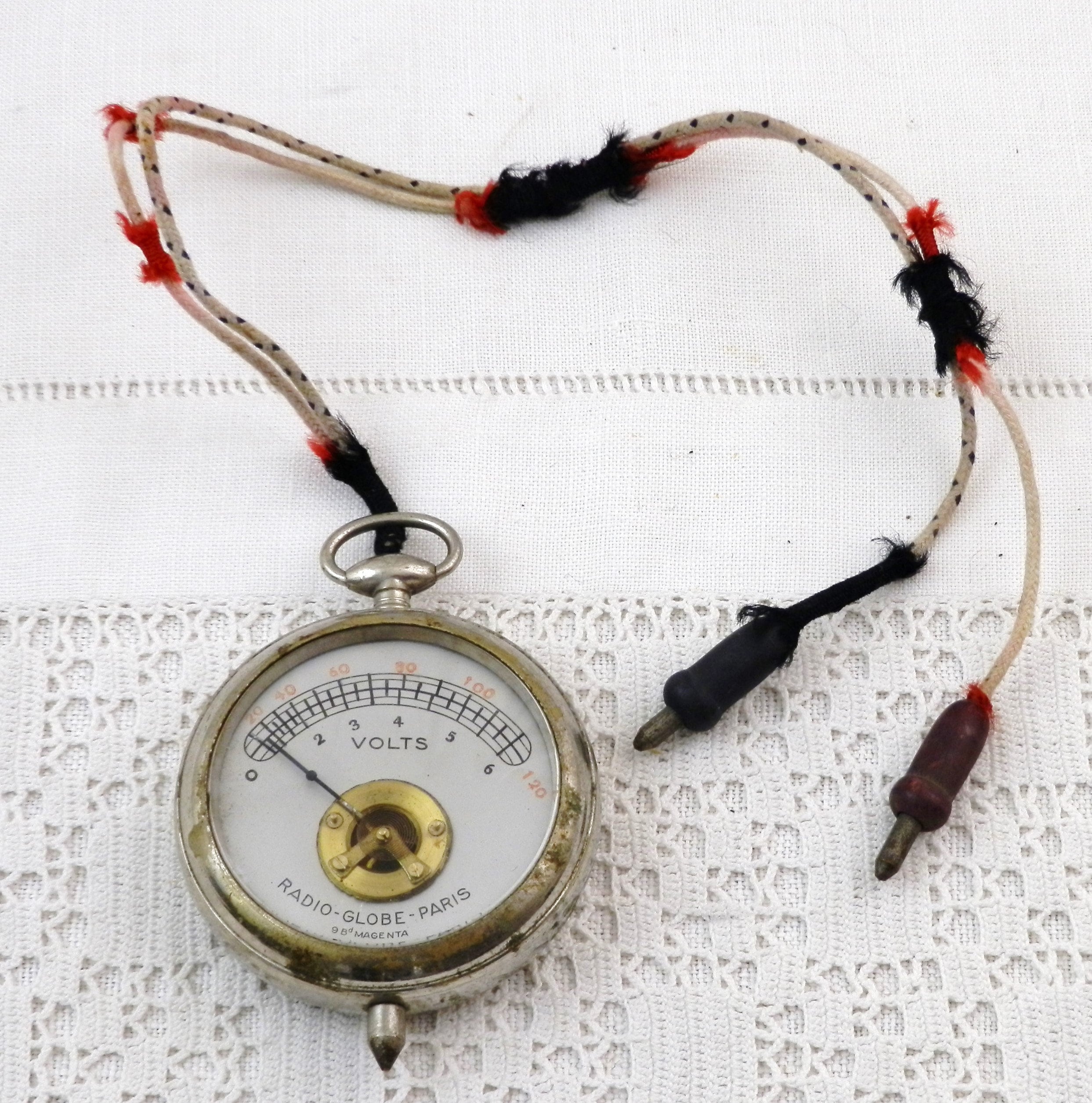 Vintage French Pocket Watch Style Metal Voltmeter by Radio Globe Paris, Retro Electrical Ammeter