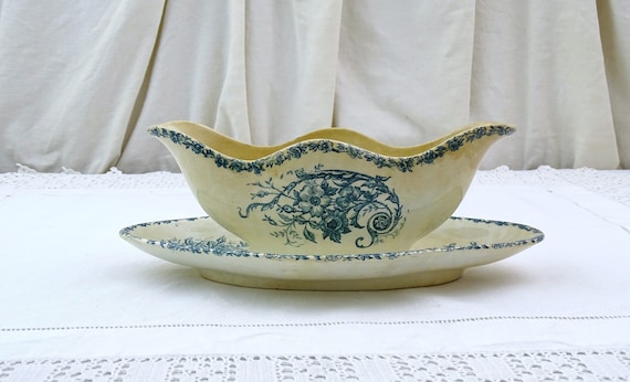Antique French Ironstone Pottery Sauce Boat with Teal Green Pattern Buffon , Vintage Ironware Victorian Kitchen Decor Chateau Chic France