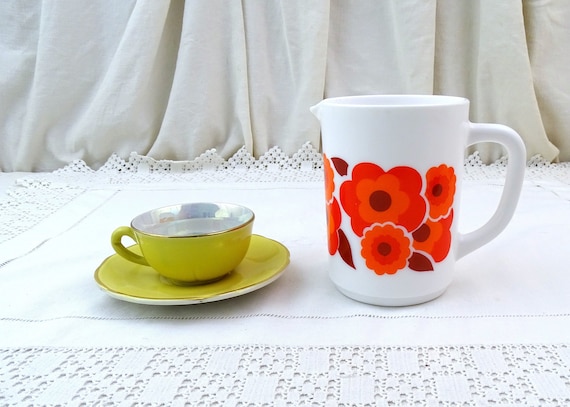 Vintage French Mid Century Milk Glass Creamer Pitcher with Red and Orange Flower Design, Retro 1960s Milk Jug Pitcher for Mobil From France