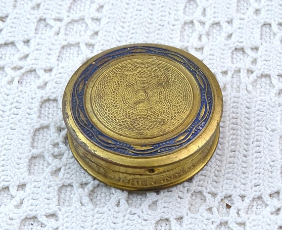 Small Vintage French Gold Tone Machined Metal Round Powder Compact Box by Chermay Paris with Mirror, Vintage Make Up Accessory from France