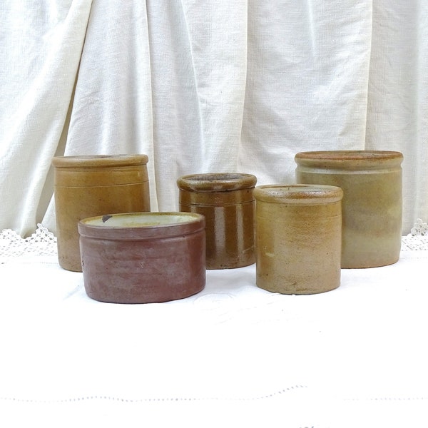1 antieke Franse zout geglazuurde aardewerk rillettes pot, retro land boerderij aardewerk container uit Frankrijk, vintage bureau nette pennenhouder