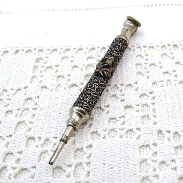 Antique French Working Silver Plated Retraceable Propelling Pencil with Hanging Hook Decorated Filigree and Thistle Flower, Vintage Pendant