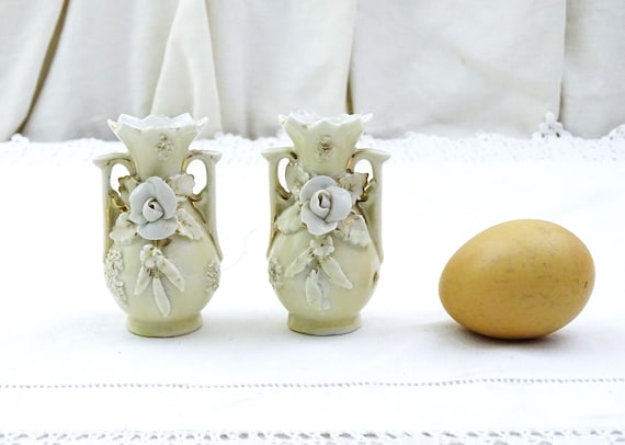 Small Pair Antique French White and Gold Majolica China Vases, 2  Miniature Vintage Posey Vases made of Pottery, Shabby Chateau Chic