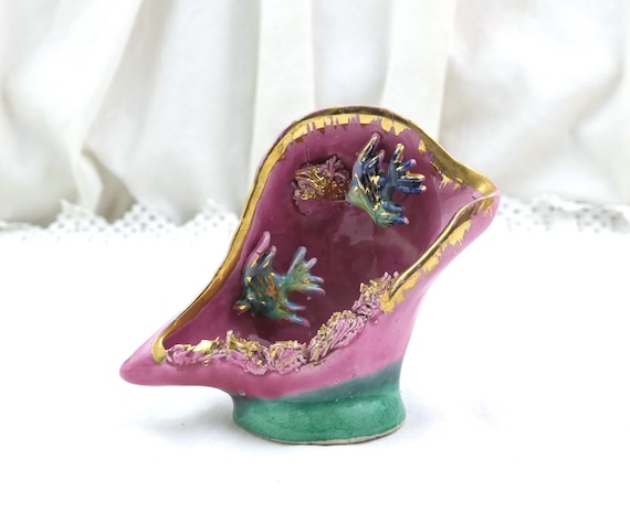 Small 1960s Mid Century Vintage Vallauris Style Pink Ceramic Lamp Base with Green Foot Gilt Gold Trim and Raised Fish Decoration