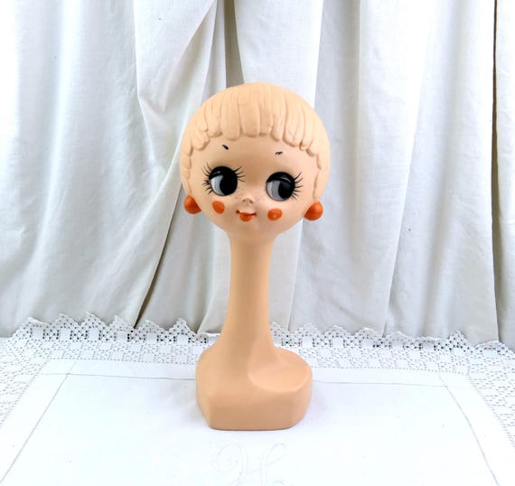 Vintage French 1960s Twiggy Head Shop Display, Retro Mid Century Hat Stand in the Shape of a Woman Bust, Collectible Home Decor France