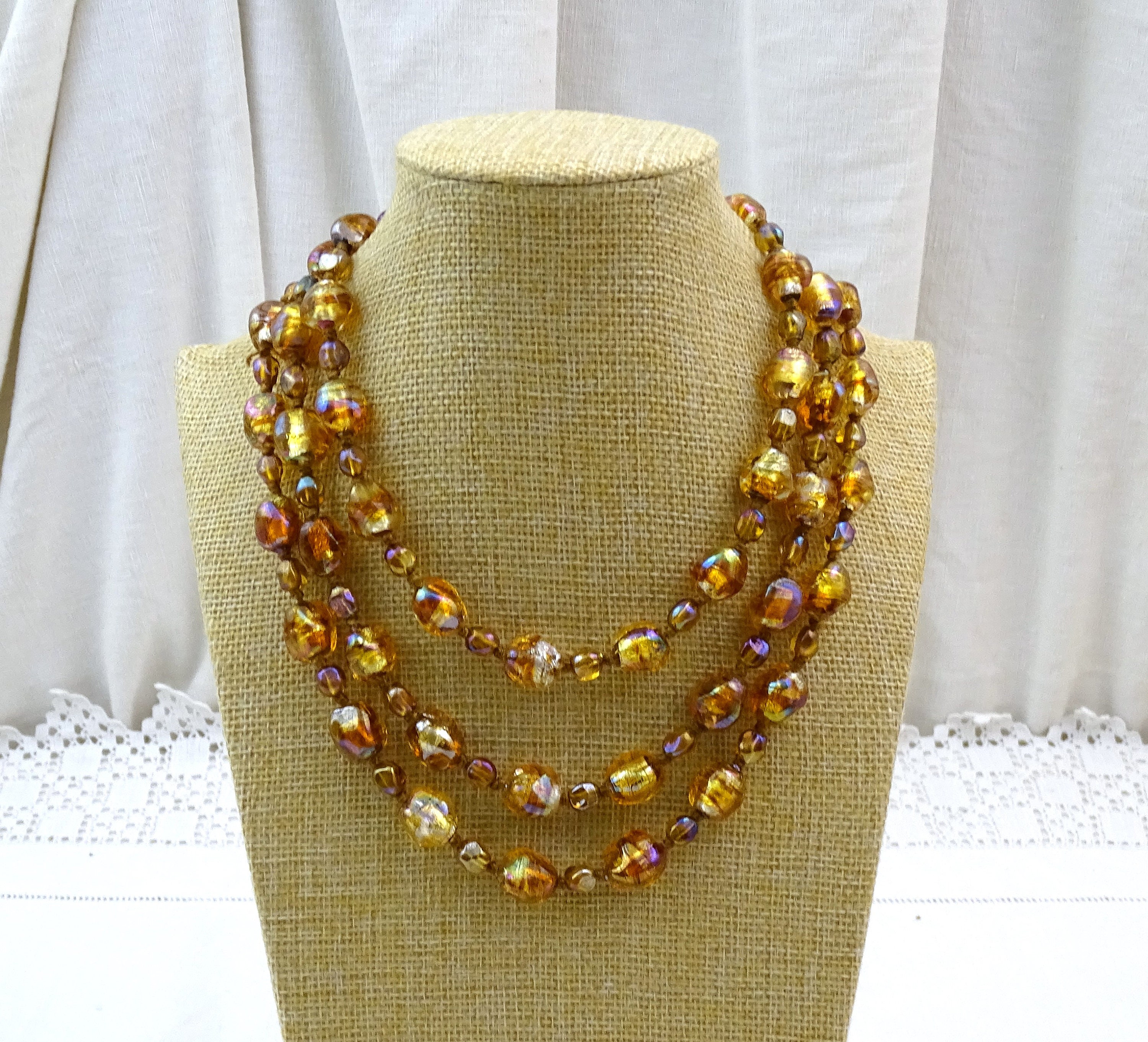 Vintage Fire Foil Uranium Glass Bead Necklace - Rare Gold French Foiled Glass Beads