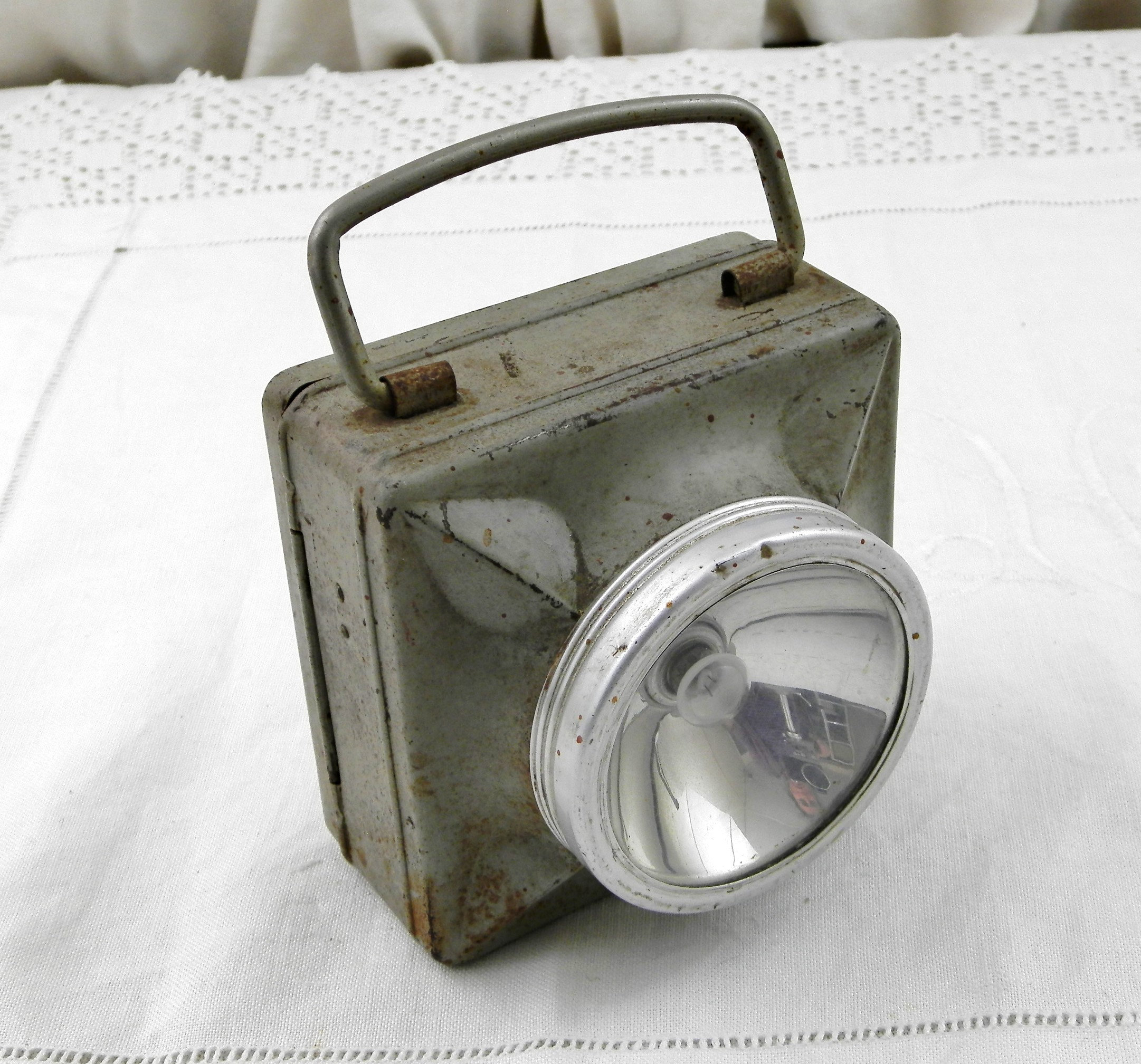 Vintage French Square Gray Metal Hand Held Flashlight By Wonder Model