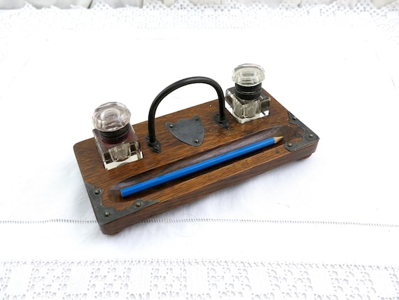 Antique English Oak Inkwell and Pen Holder With Carrying Handle and Clear Glass One Belonged to CK Aicher, Retro Stately Home Office England