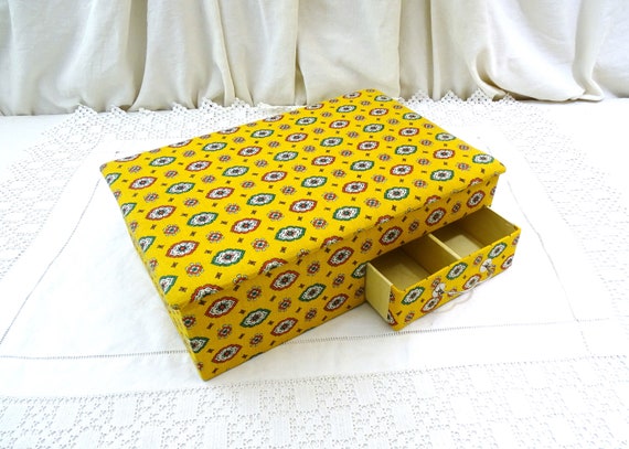 Vintage French Provencal Fabric Jewelry Box Covered with Yellow Material with Red and Green Pattern and One Draw, Retro Craft Box of France