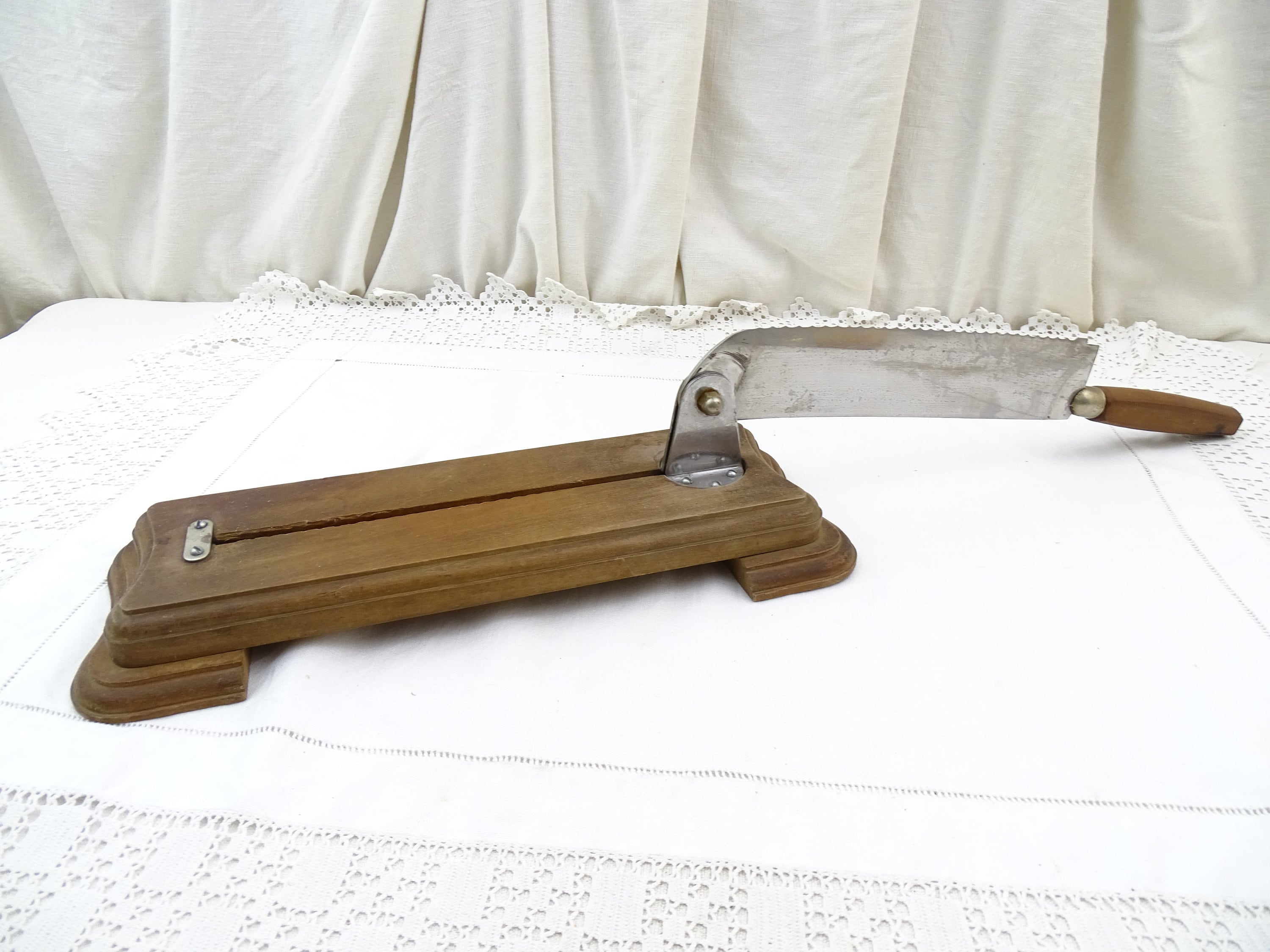 Vintage French Guillotine Bread Knife with Wooden Stand, Baguette Bread