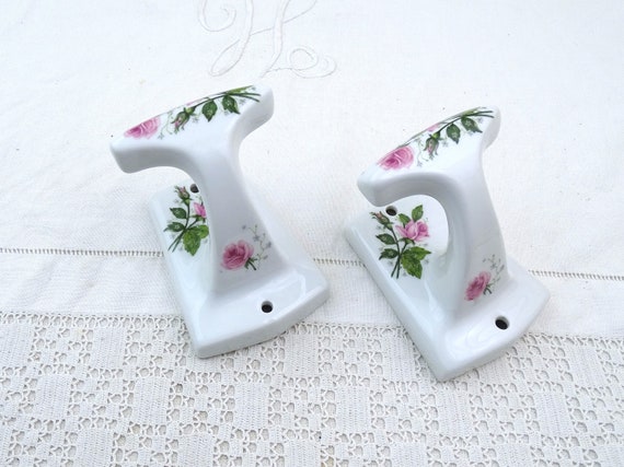 2 Vintage French Porcelaine de Champs Elysee China Bathroom Hooks with Pink Rose Flower Pattern, Retro Ceramic Towel Hanging from France
