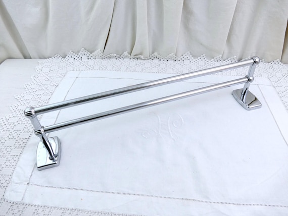 Large Double French Vintage Silver Tone Metal Bathroom Towel Rack, Retro Chateau Chic Bathroom Accessory France, Hollywood Regency Bathroom