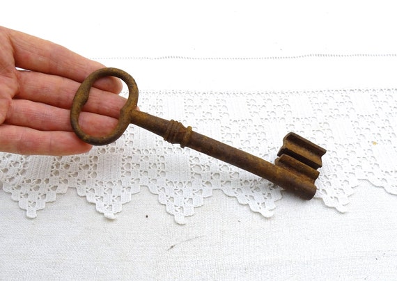 Large Antique French Handmade Iron Skeleton Key, Vintage Victorian Rusty Metal Lock Accessory from France, Flea Market Brocante Home Decor