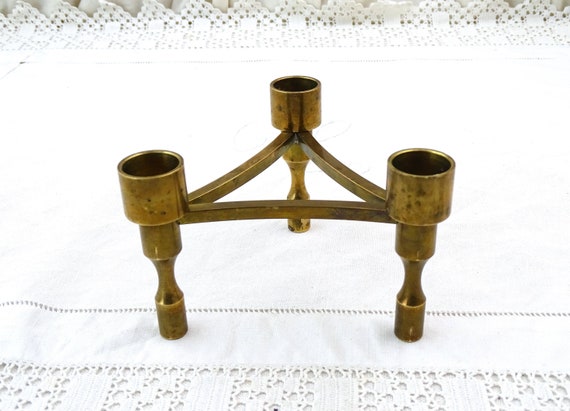 Vintage Mid Century Modern 3 Branched Bronze Candle Stick Holder Signed, Retro 1960s Brutalist Metal Candelabra, Minimalist Home Decor