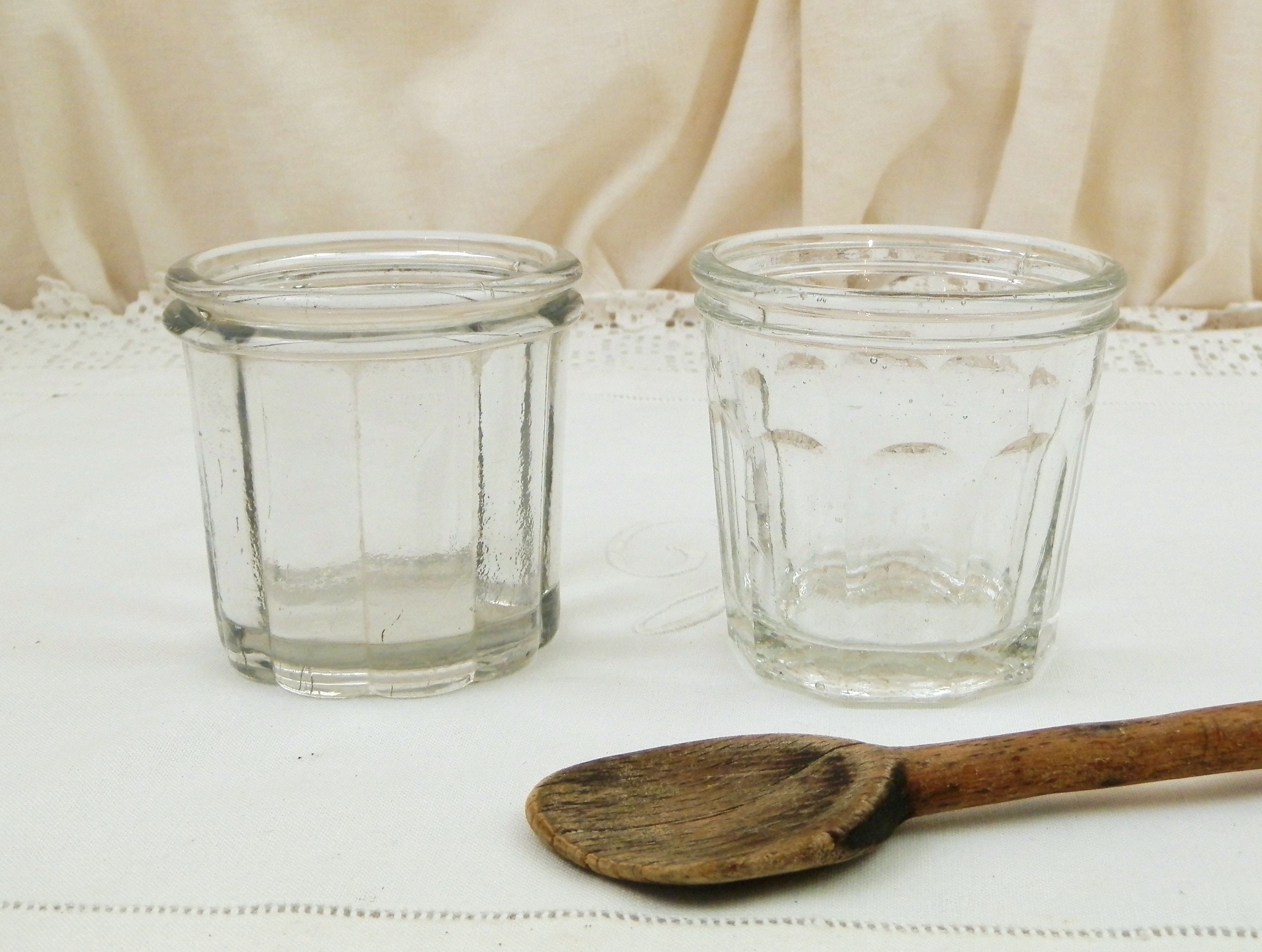 2 Antique French Thick Clear Glass Jam Jars, Vintage Jelly Pots from France, Retro Country