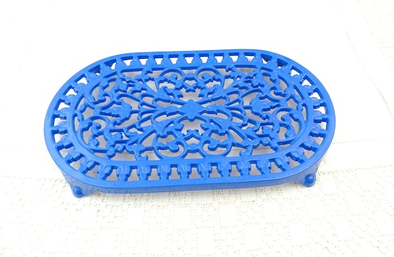 Large Vintage French New Old Stock Decotec Blue Oval Cast Iron Enameled Table Trivet, Big Retro Unused Kitchen Heat Mat from France,