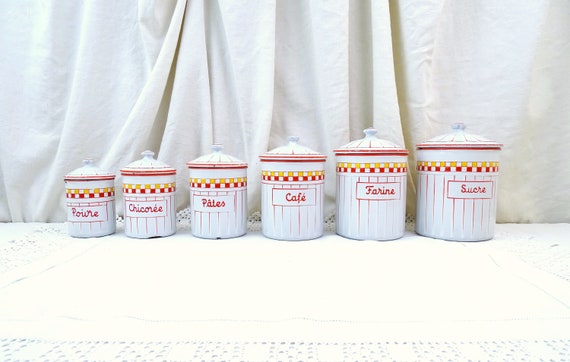 Antique French 6 Piece Enamel Canister Set in White with Red and Yellow Pattern and Lettering, Vintage Kitchen Enamelware Decor from France