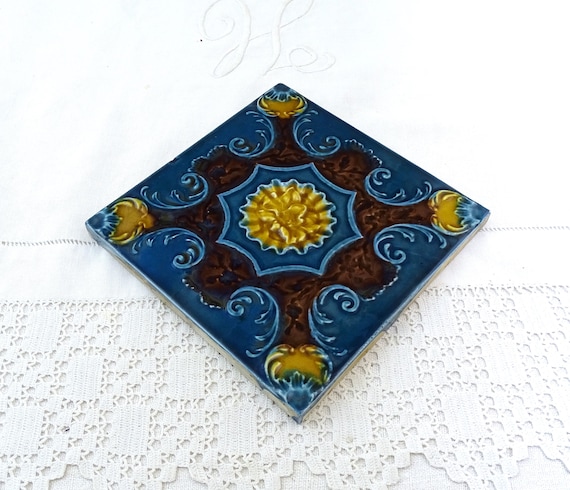 Antique English Square Majolica Pottery Tile in Dark Blue with Brown and Yellow Made in England Embossed Cov 59017, Victorian Splashback