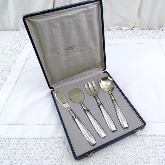 Vintage French Art Deco Hallmarked Silver Mignardises Cutlery Serving Set with Original Storage Box, Retro Chic Tableware from France