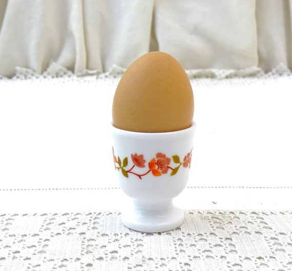 Vintage French 1970s White Milk Glass Acropal Eggcup with Orange Flower Pattern, Retro Mid Century Breakfast Table Accessory from France