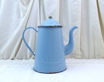 Large French Antique Blue Enamelware Swan Necked Traditional Coffee Pot, Vintage Country Farmhouse Style Enameled Metal Coffee Maker  France