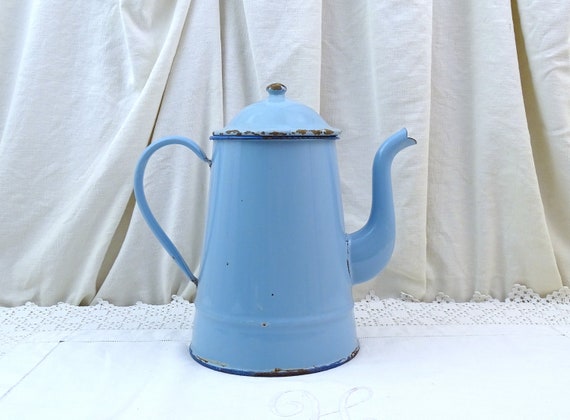 Large French Antique Blue Enamelware Swan Necked Traditional Coffee Pot, Vintage Country Farmhouse Style Enameled Metal Coffee Maker  France