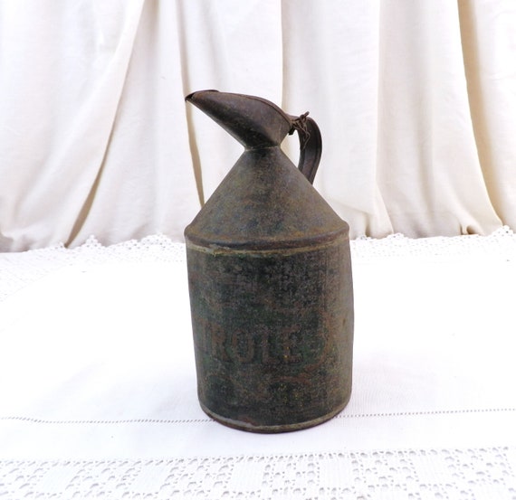 Small French Antique Metal Petrol Can, Retro Tin Gas Pitcher / Jug from France, Man Cave Accessory, Vintage Garage Decor