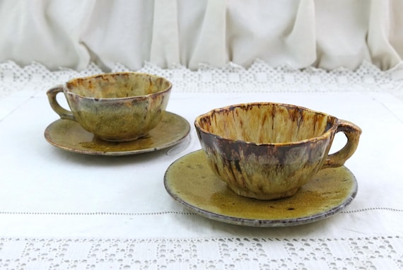 Set of 2 Matching Vintage French Vallauris Pottery Coffee Cups and Saucers, Olive Green Brown Drip Fat Lava Glaze, Mid Century Tea Set