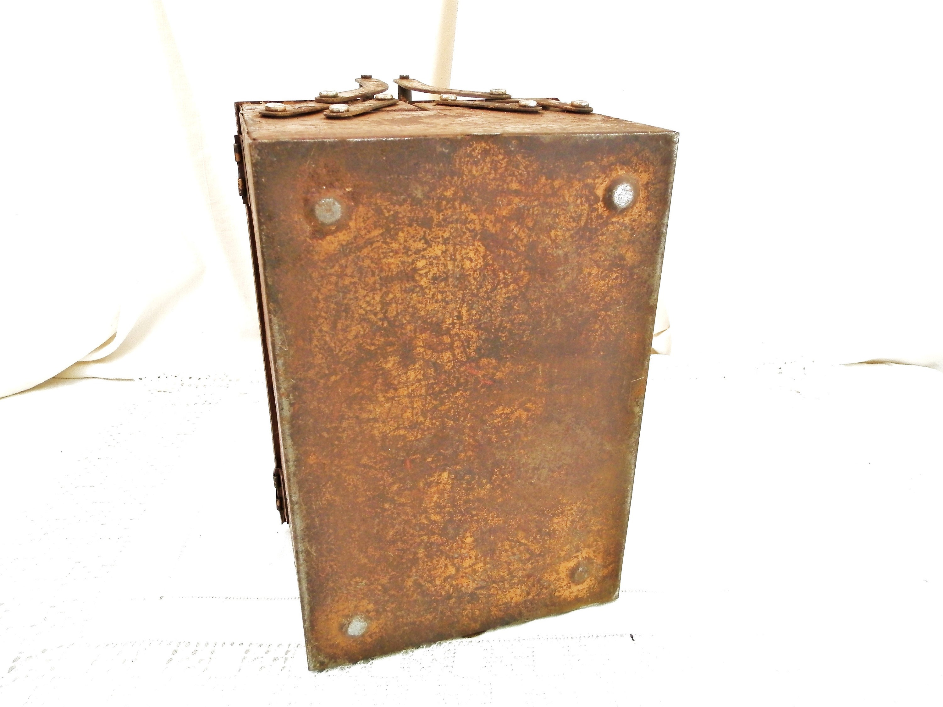 Vintage French 1940s Concertina Painted Metal 2 Handled Tool Box by