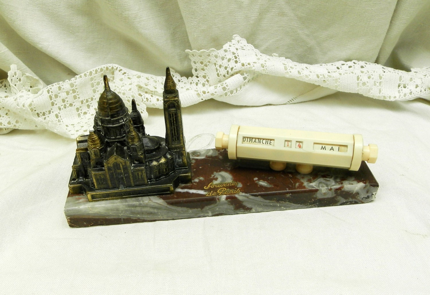Vintage French Perpetual Calendar Souvenir of Paris White Bakelite with