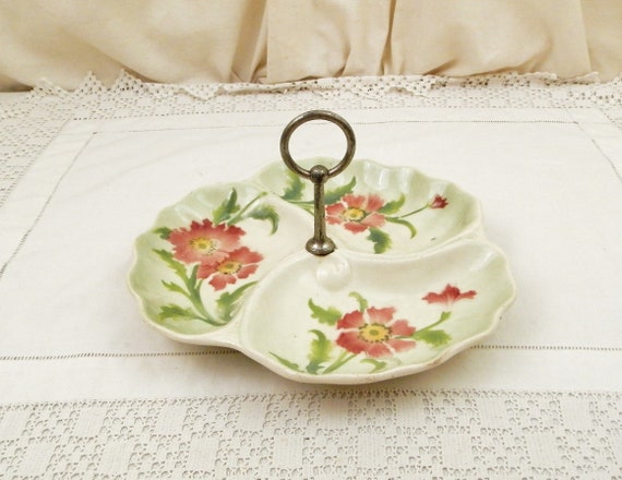 Antique French 1920s Ceramic Compartment Dish With Metal Carrying Handle and Flower Pattern, Retro Divided Biscuit Tray from France