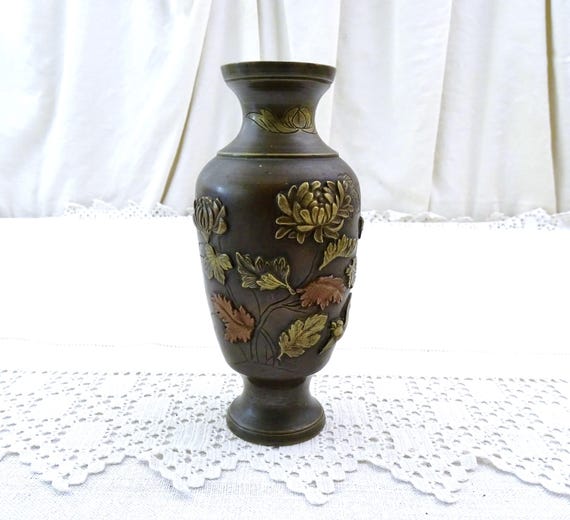 Small Antique Japanese Meiji Period Brass Vase with Mixed Metal Flower and Bird Decoration, Vintage Oriental Floral Accessory from Japan
