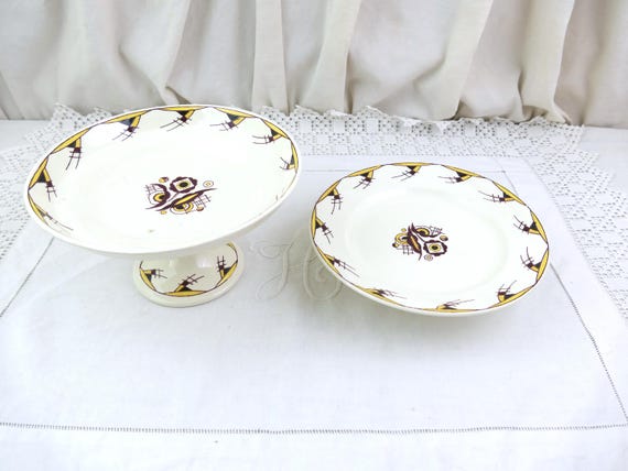Vintage Boch Frères Keramis Compote and Cake Stand with Art Deco Hand Painted Yellow Black Geometric Pattern, La Louvière Belgian Ceramic