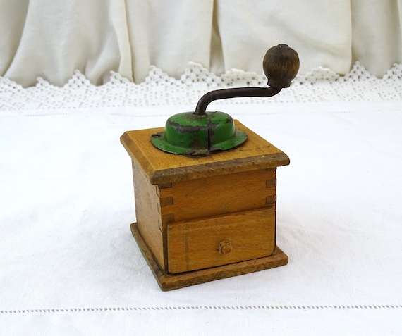 Small Antique French Pepper Corn Grinder made of Wood and Metal, Toy Peugeot Style Coffee Grinder from France, Miniature Dolls House Decor