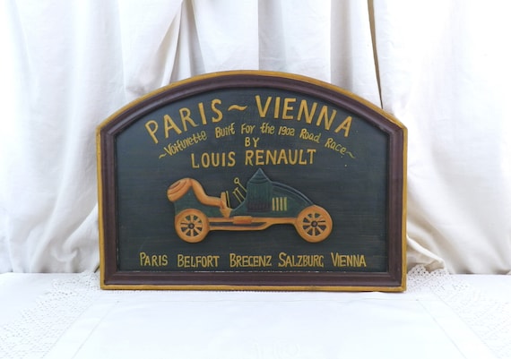 Vintage Wooden Renault Car Wall Panel with Carved 1902 French Voiturette for Paris Vienna Race, Retro Wall Decor Made of Wood from France