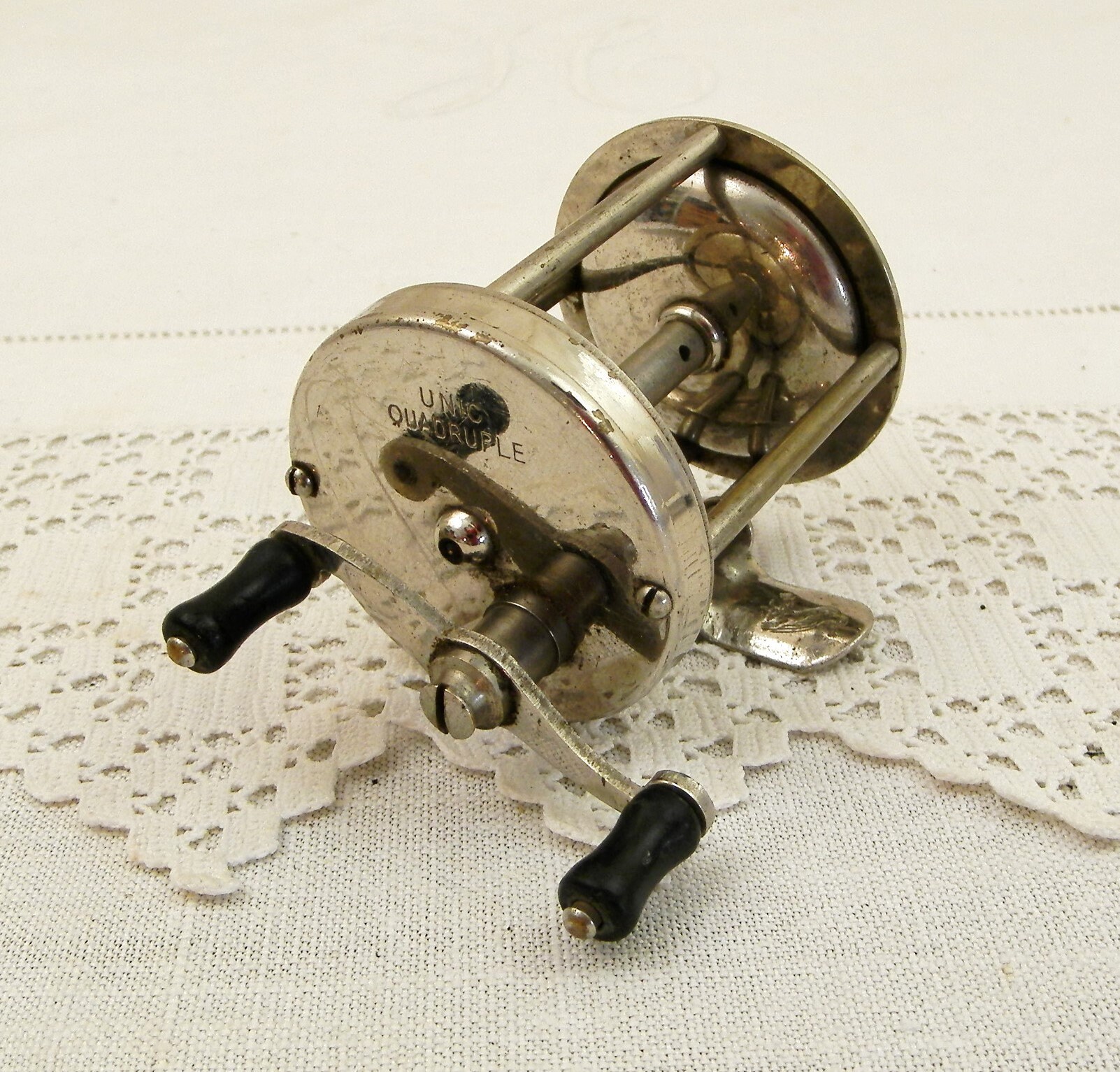 Vintage French Chrome Open Face Fishing Reel Quadruple by Unic