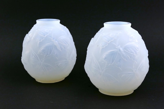 2 Antique French Art Deco Frosted Glass Round Vases by Verlys with Butterfly Pattern, Pair of Retro 1920  Glassware Designer Chic Home Decor