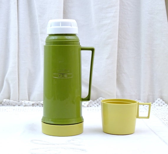 Small Vintage 1970s Avocado Green Thermos Flask, Retro Picnic Insulated Storage Jar and Drinking Cup, Soup / Hot & Cold Beverages Lunch Box