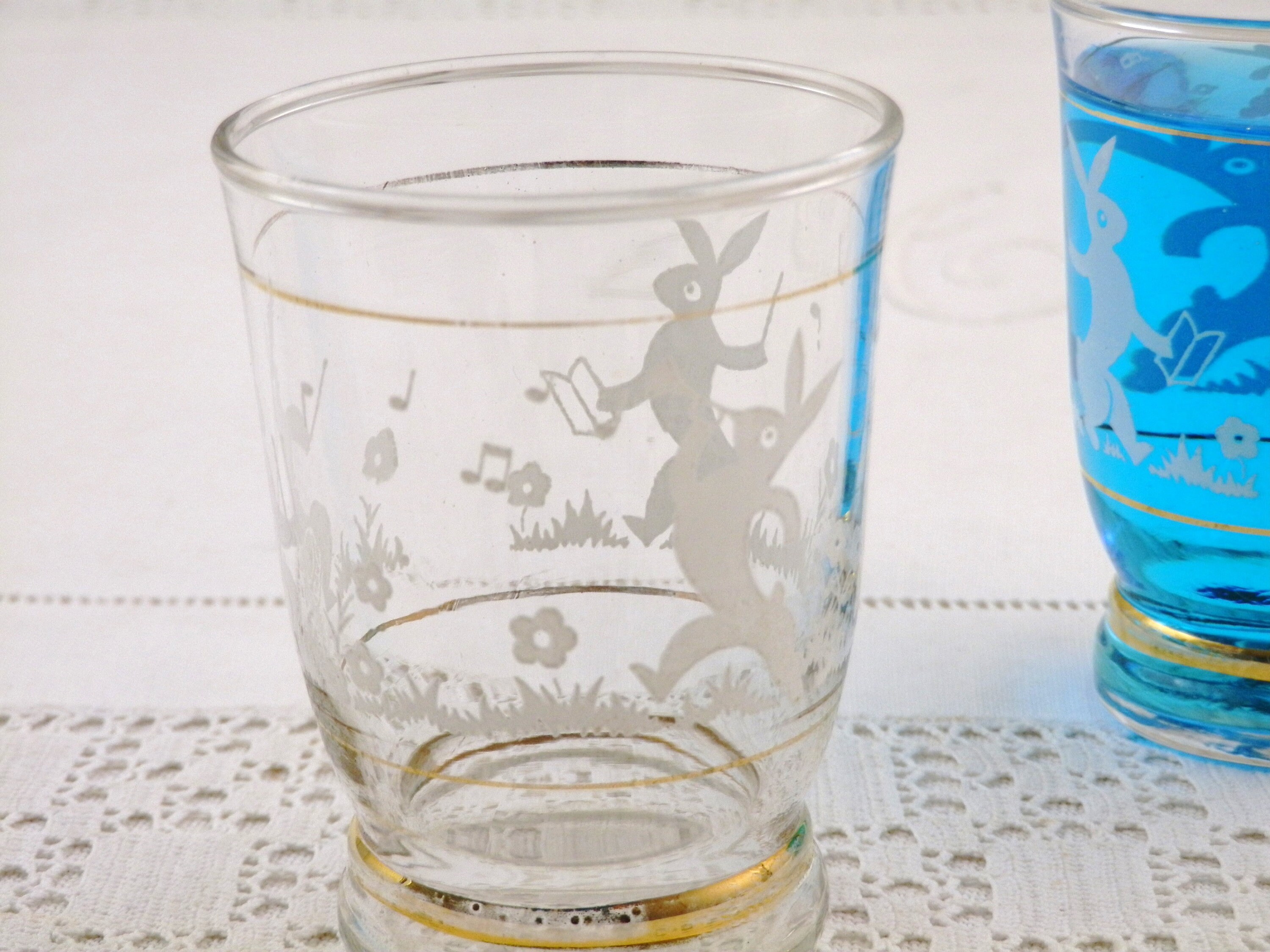 2 French Vintage Water Glasses with Printed Images of Bunny Rabbits