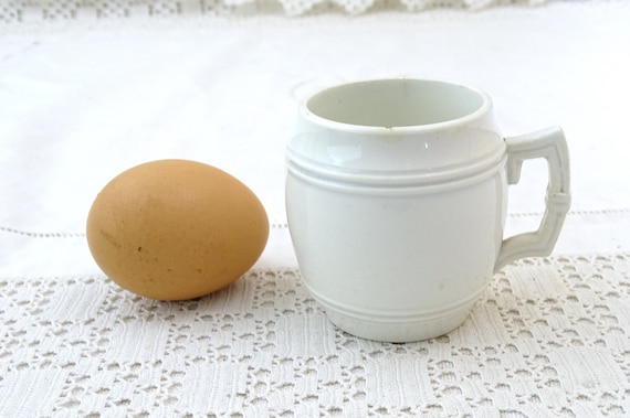 Small Antique French White Digoin Ceramic Cup, Vintage Country Farmhouse Toothpick Holder, Retro Flea Market Kitchen Table Accessory Vessel