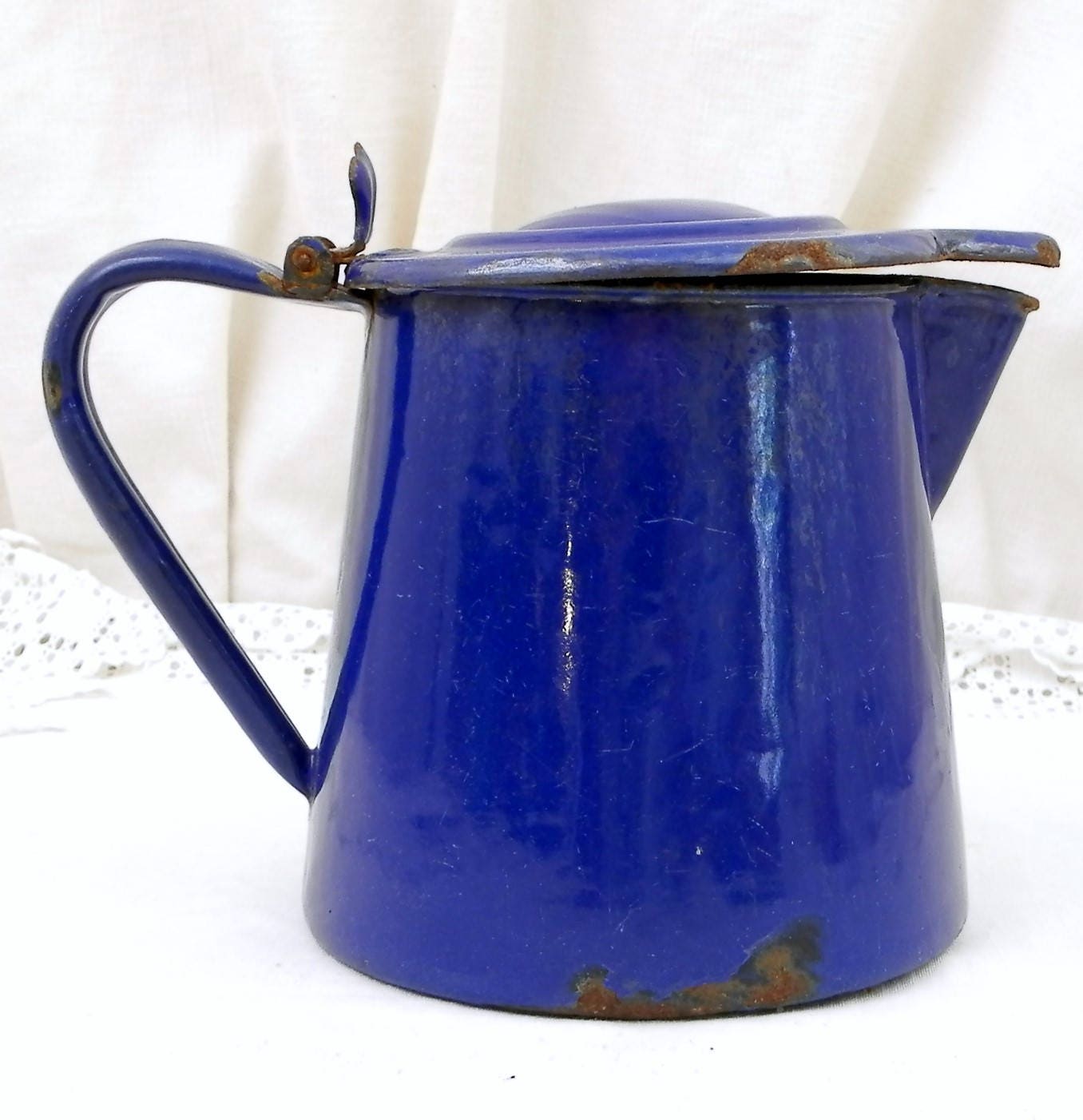 Antique European Bright Blue Chippy Enamelware Lidded Pitcher, Retro