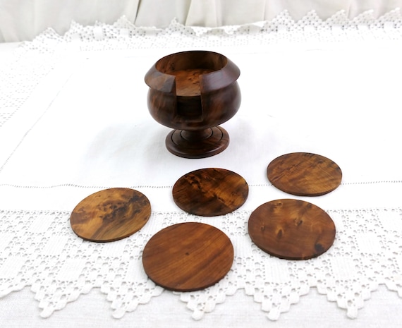 Set of 11 Vintage Round Burl Wood Drinks Coasters with Holder, Retro Burr Wood Table Accessory, Forest Themed Home Decor from France